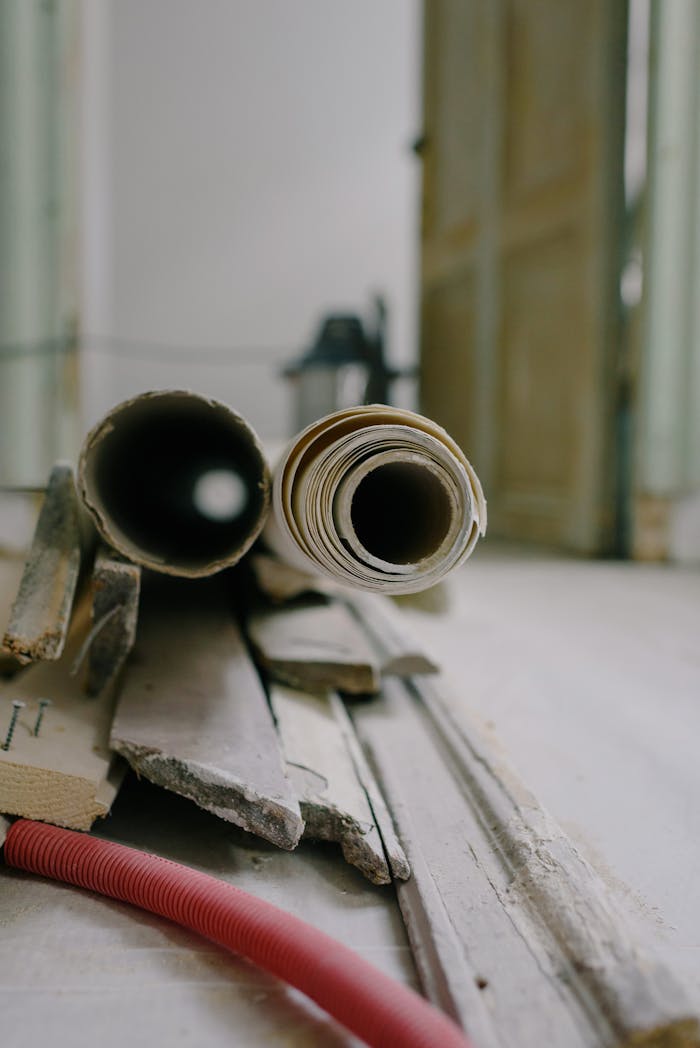 Pile of wooden planks and rolls on floor near open door in flat during renovation